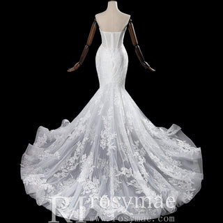 Trumpet-Mermaid Wedding Dress with Plunge Sweetheart & Detachable Puff Sleeves - Rosymae