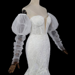 Trumpet-Mermaid Wedding Dress with Plunge Sweetheart & Detachable Puff Sleeves - Rosymae
