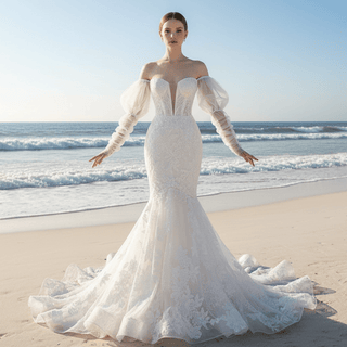 Trumpet-Mermaid Wedding Dress with Plunge Sweetheart & Detachable Puff Sleeves - Rosymae