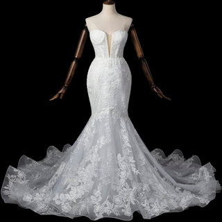 Trumpet-Mermaid Wedding Dress with Plunge Sweetheart & Detachable Puff Sleeves - Rosymae