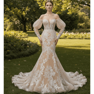 Trumpet-Mermaid Wedding Dress with Plunge Sweetheart & Detachable Puff Sleeves - Rosymae