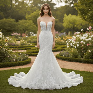 Trumpet-Mermaid Wedding Dress with Plunge Sweetheart & Detachable Puff Sleeves - Rosymae
