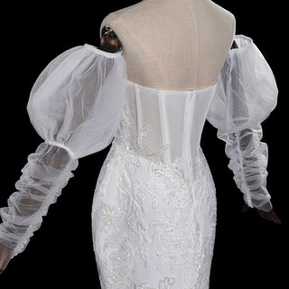Trumpet-Mermaid Wedding Dress with Plunge Sweetheart & Detachable Puff Sleeves - Rosymae