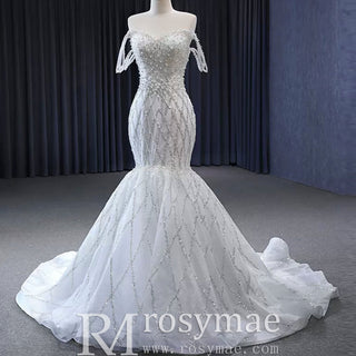 Trumpet Pearl Wedding Dress Off the Shoulder Bridal Dress - Rosymae