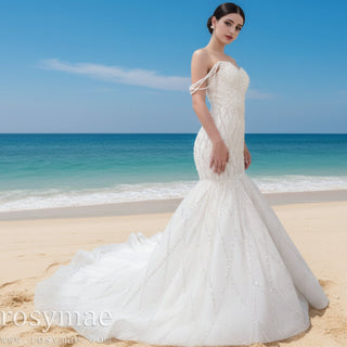 Trumpet Pearl Wedding Dress Off the Shoulder Bridal Dress - Rosymae
