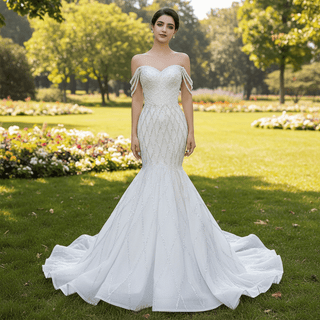 Trumpet Pearl Wedding Dress Off the Shoulder Bridal Dress - Rosymae