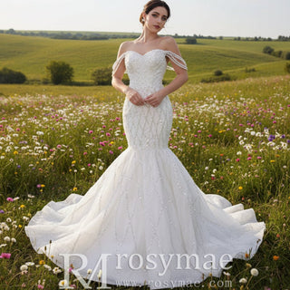 Trumpet Pearl Wedding Dress Off the Shoulder Bridal Dress - Rosymae