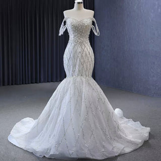 Trumpet Pearl Wedding Dress Off the Shoulder Bridal Dress - Rosymae