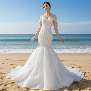 Trumpet Pearl Wedding Dress Off the Shoulder Bridal Dress - Rosymae