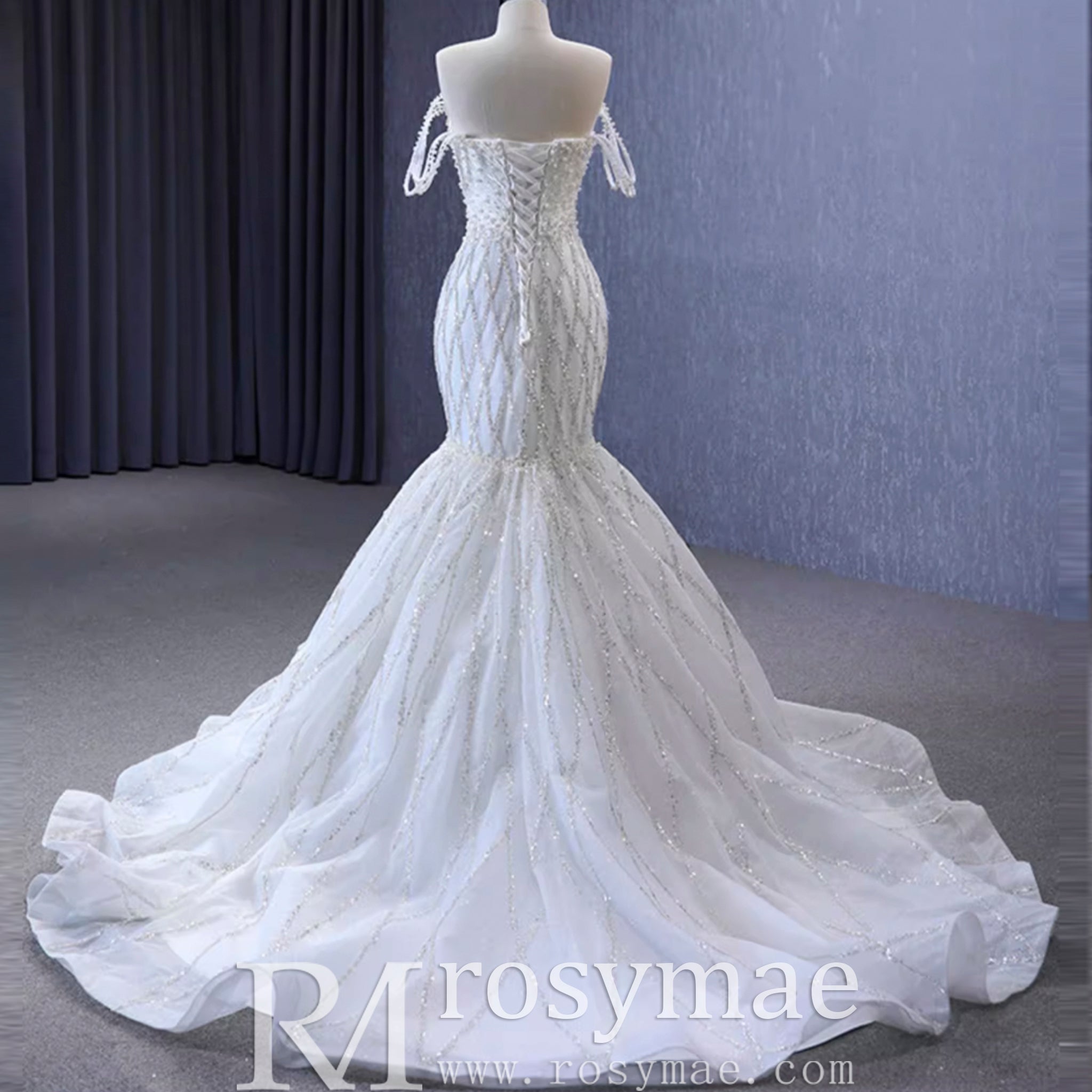 Trumpet Pearl Wedding Dress Off the Shoulder Bridal Dress - Rosymae