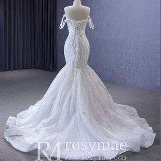 Trumpet Pearl Wedding Dress Off the Shoulder Bridal Dress - Rosymae