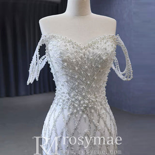 Trumpet Pearl Wedding Dress Off the Shoulder Bridal Dress - Rosymae
