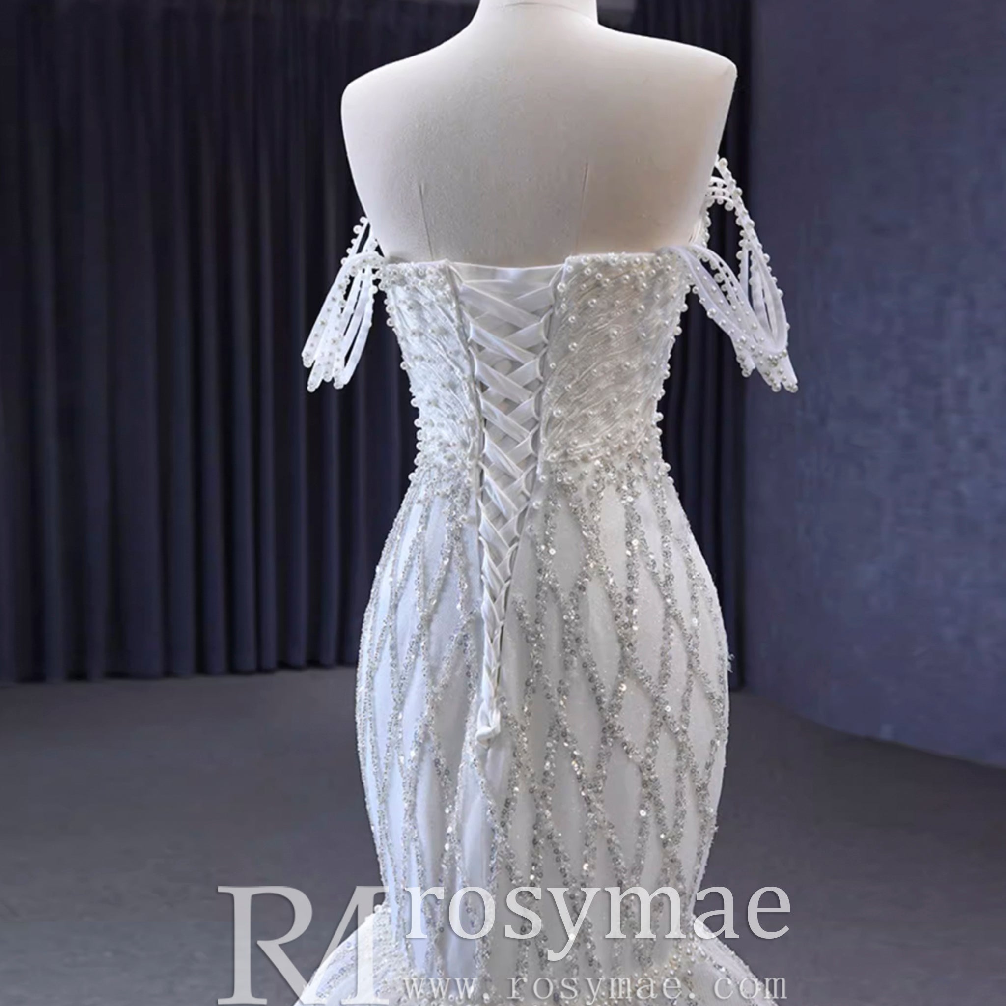 Trumpet Pearl Wedding Dress Off the Shoulder Bridal Dress - Rosymae