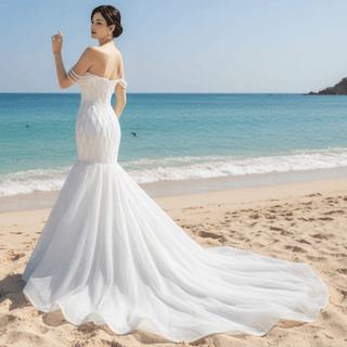 Trumpet Pearl Wedding Dress Off the Shoulder Bridal Dress - Rosymae