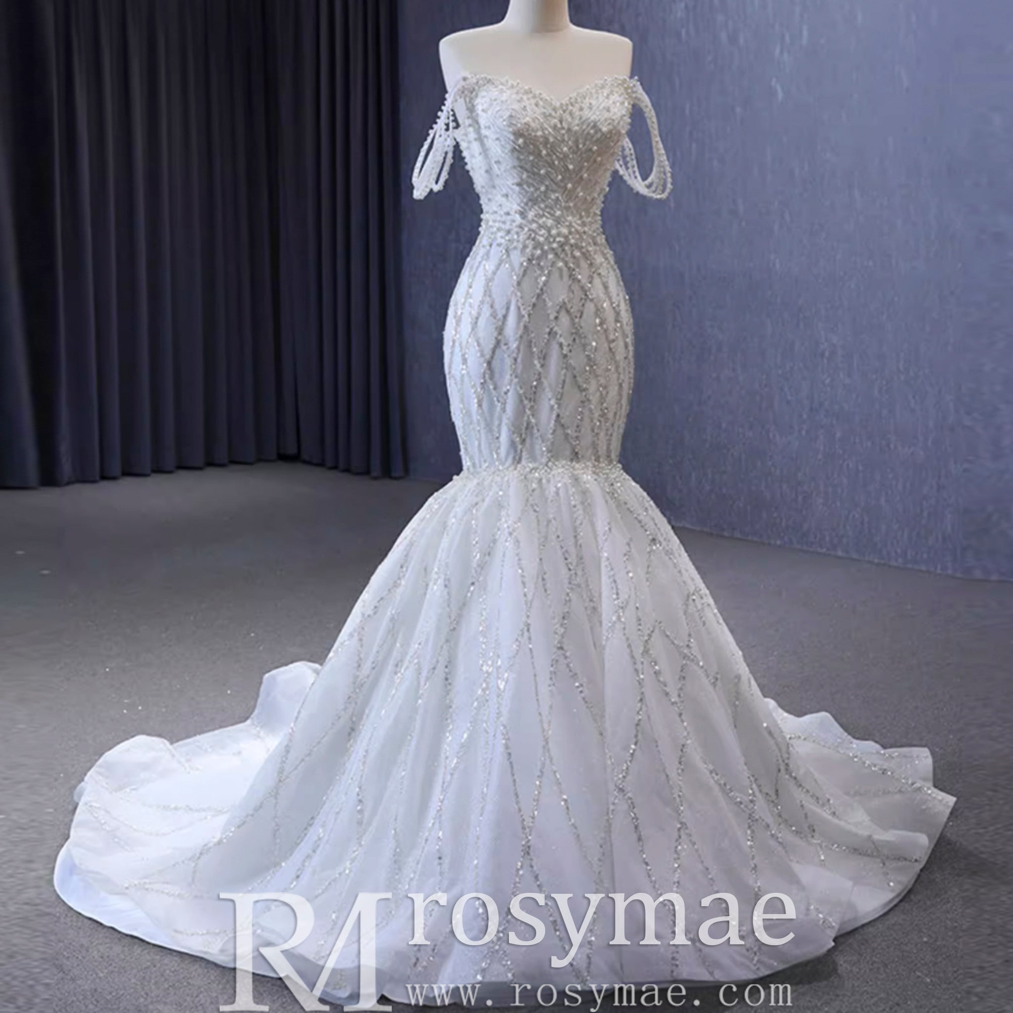 Trumpet Pearl Wedding Dress Off the Shoulder Bridal Dress - Rosymae