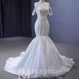 Trumpet Pearl Wedding Dress Off the Shoulder Bridal Dress - Rosymae