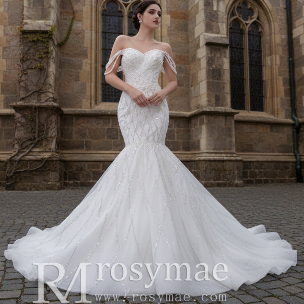 Trumpet Pearl Wedding Dress Off the Shoulder Bridal Dress - Rosymae