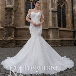 Trumpet Pearl Wedding Dress Off the Shoulder Bridal Dress - Rosymae