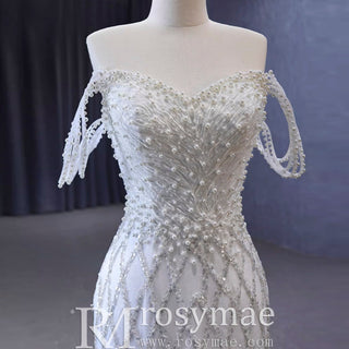 Trumpet Pearl Wedding Dress Off the Shoulder Bridal Dress - Rosymae