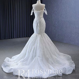Trumpet Pearl Wedding Dress Off the Shoulder Bridal Dress - Rosymae