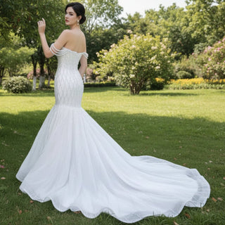 Trumpet Pearl Wedding Dress Off the Shoulder Bridal Dress - Rosymae