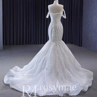 Trumpet Pearl Wedding Dress Off the Shoulder Bridal Dress - Rosymae