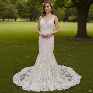 Elegant Open Back Mermaid Trumpet Lace Wedding Dress with V-neck