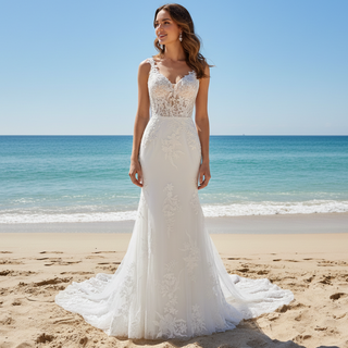 Classic Vintage Vneck Lace Mermaid Wedding Dress with Sheer Bodice
