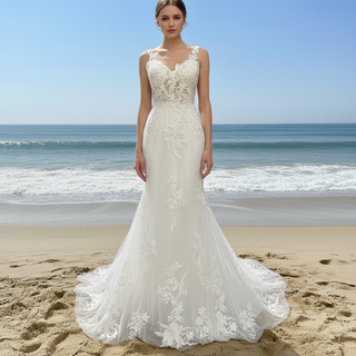 Classic Vintage Vneck Lace Mermaid Wedding Dress with Sheer Bodice