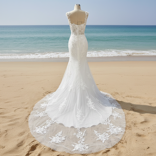 Classic Vintage Vneck Lace Mermaid Wedding Dress with Sheer Bodice