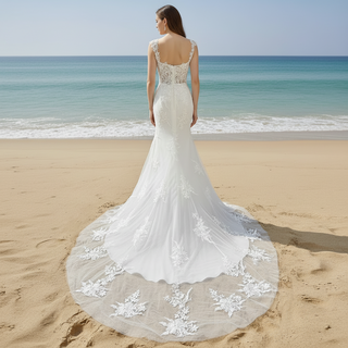 Classic Vintage Vneck Lace Mermaid Wedding Dress with Sheer Bodice