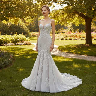 Spaghetti Strap Champagne Tulle Lace Mermaid Wedding Dress