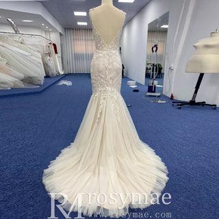 Elegant Spaghetti Strap Trumpet Tulle Lace Wedding Dress