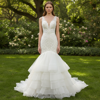 Illusion Trumpet V Neck Wedding Dress with Tank Straps