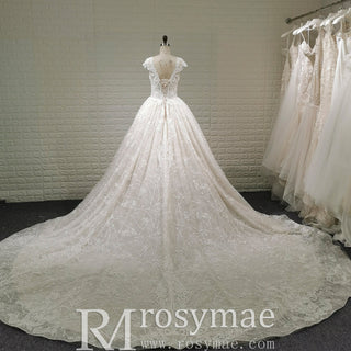 Tulle A-Line Wedding Dress with Cap Sleeves and Floral Lace Appliqués - Rosymae
