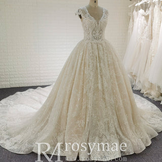 Tulle A-Line Wedding Dress with Cap Sleeves and Floral Lace Appliqués - Rosymae