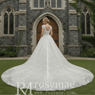 Tulle A-Line Wedding Dress with Cap Sleeves and Floral Lace Appliqués - Rosymae