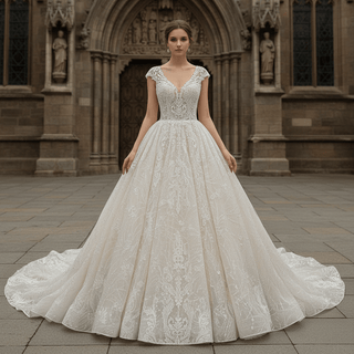 Tulle A-Line Wedding Dress with Cap Sleeves and Floral Lace Appliqués - Rosymae