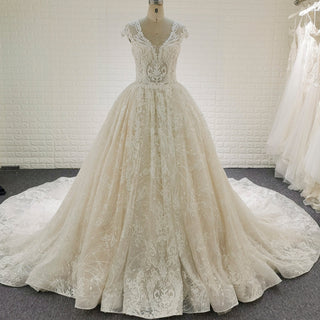 Tulle A-Line Wedding Dress with Cap Sleeves and Floral Lace Appliqués - Rosymae