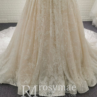 Tulle A-Line Wedding Dress with Cap Sleeves and Floral Lace Appliqués - Rosymae