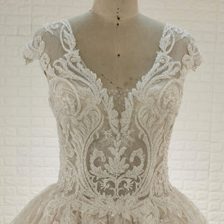Tulle A-Line Wedding Dress with Cap Sleeves and Floral Lace Appliqués - Rosymae