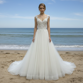 A-line Tank Top Vneck Wedding Dress with Tulle and Floral Lace