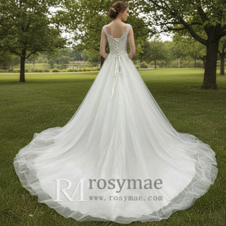 A-line Tank Top Vneck Wedding Dress with Tulle and Floral Lace