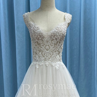 A-line Tank Top Vneck Wedding Dress with Tulle and Floral Lace