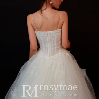 A-line Tulle Applique Lace Wedding Dress with Spaghetti Straps