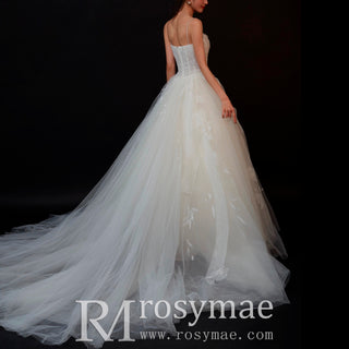 A-line Tulle Applique Lace Wedding Dress with Spaghetti Straps
