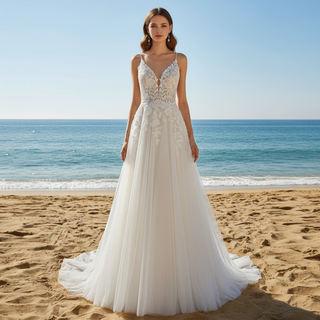 Vintage Tulle Lace A-line Vneck Wedding Dress with Spaghetti Strap