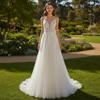 Vintage Tulle Lace A-line Vneck Wedding Dress with Spaghetti Strap