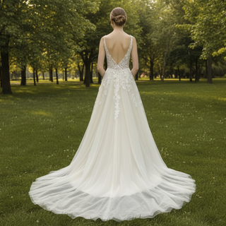 Vintage Tulle Lace A-line Vneck Wedding Dress with Spaghetti Strap