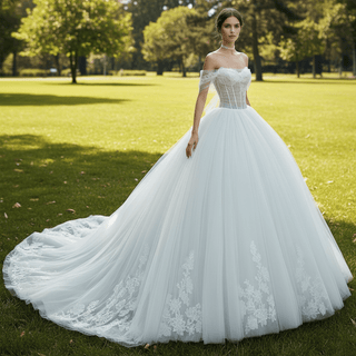 Tulle Beach Wedding Dresses with Off Shoulder Sleeves - Rosymae